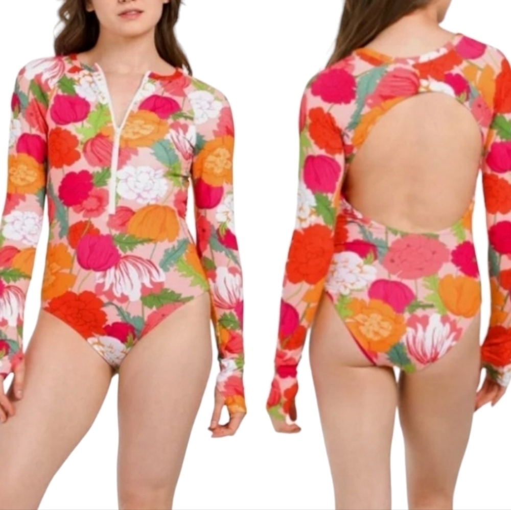 Trina Turk & Orange Pink Sunny Bloom Paddle Rashguard Swimsuit - Size XL